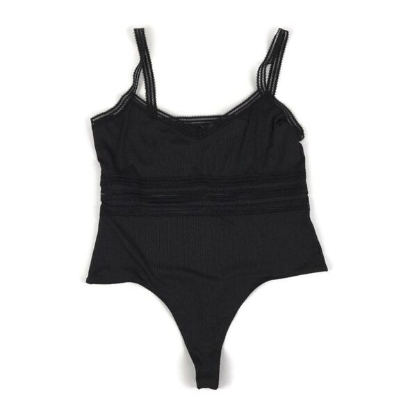 NEW Guess Olya Crochet Trim Bodysuit Women's XL Black Ribbed Knit Stretch V-Neck - Picture 1 of 12